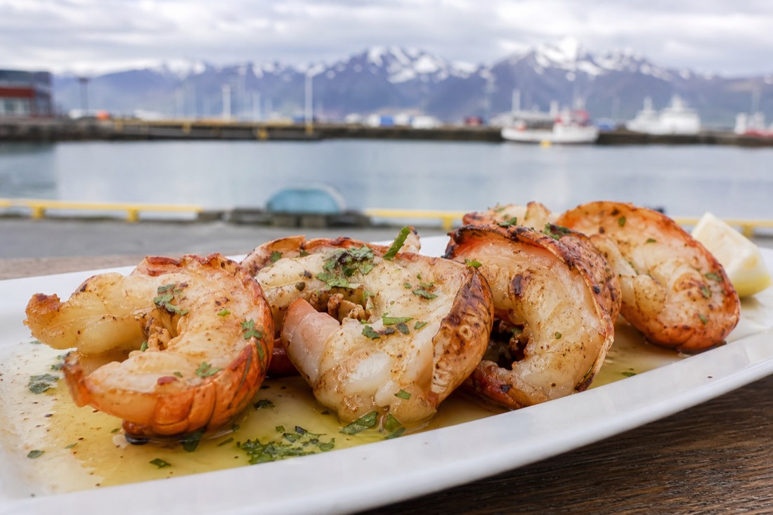 A plate of pan-fried Icelandic langoustine tails in garlic butter served at a harbour-side restaurant in Höfn